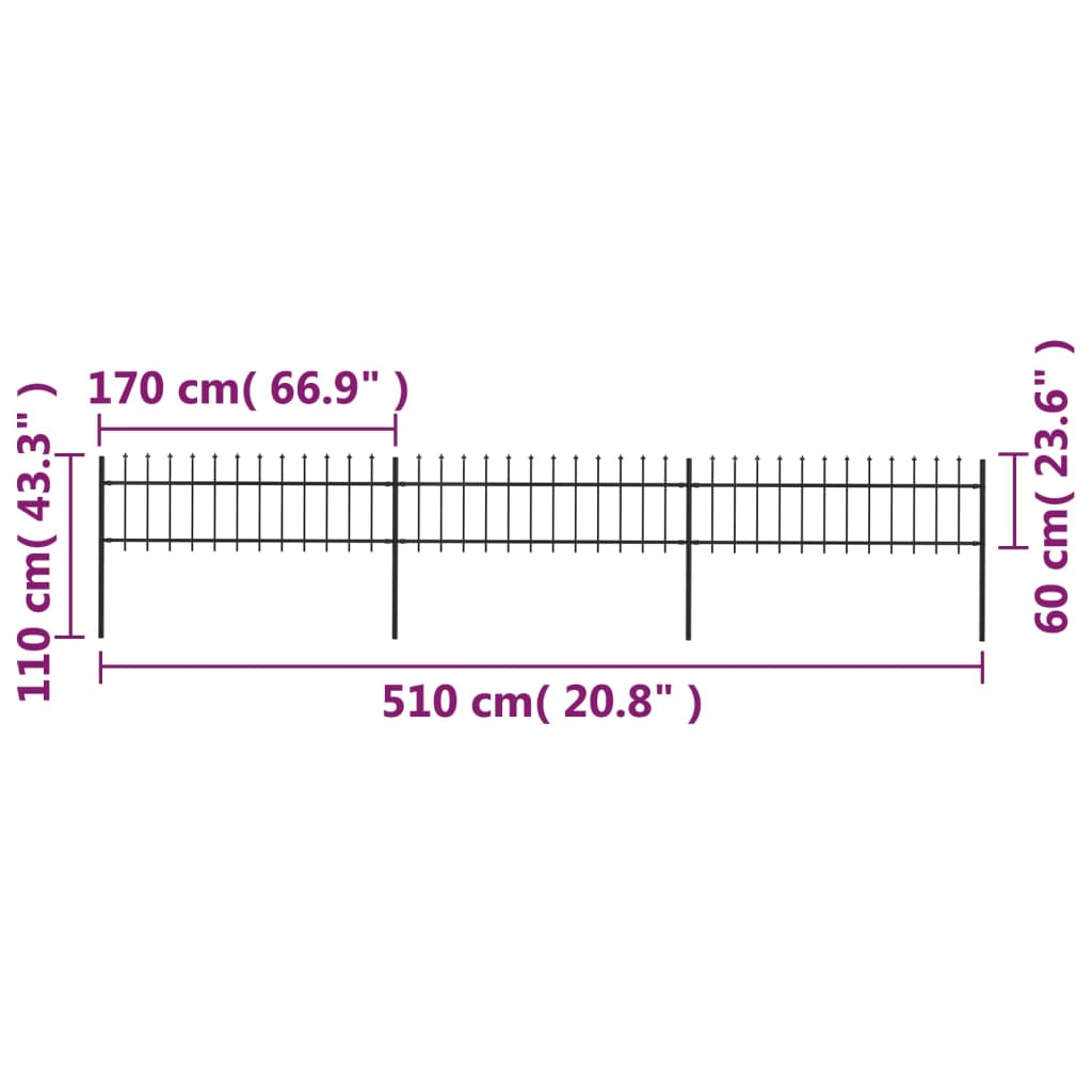 vidaXL Clôture de jardin avec dessus en lance Acier 5,1 x 0,6 m Noir