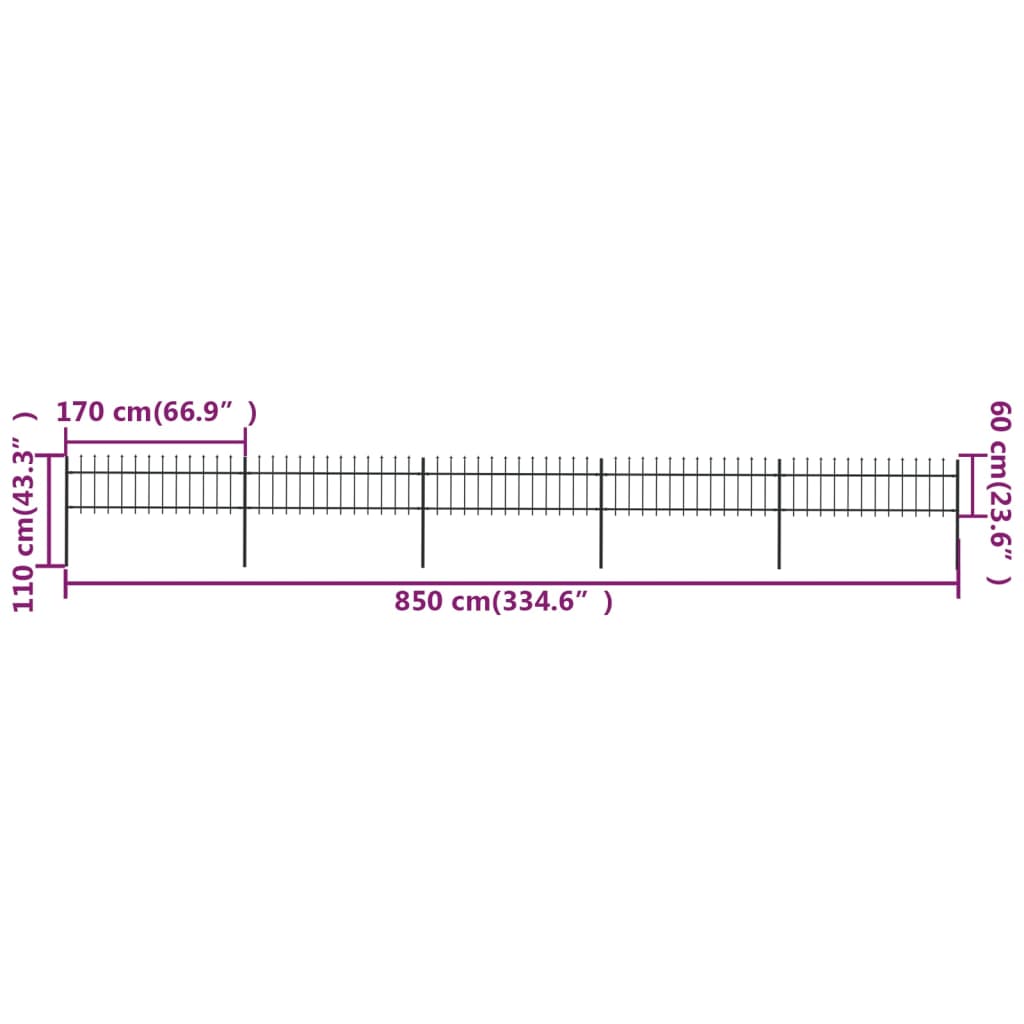 vidaXL Clôture de jardin avec dessus en lance Acier 8,5 x 0,6 m Noir