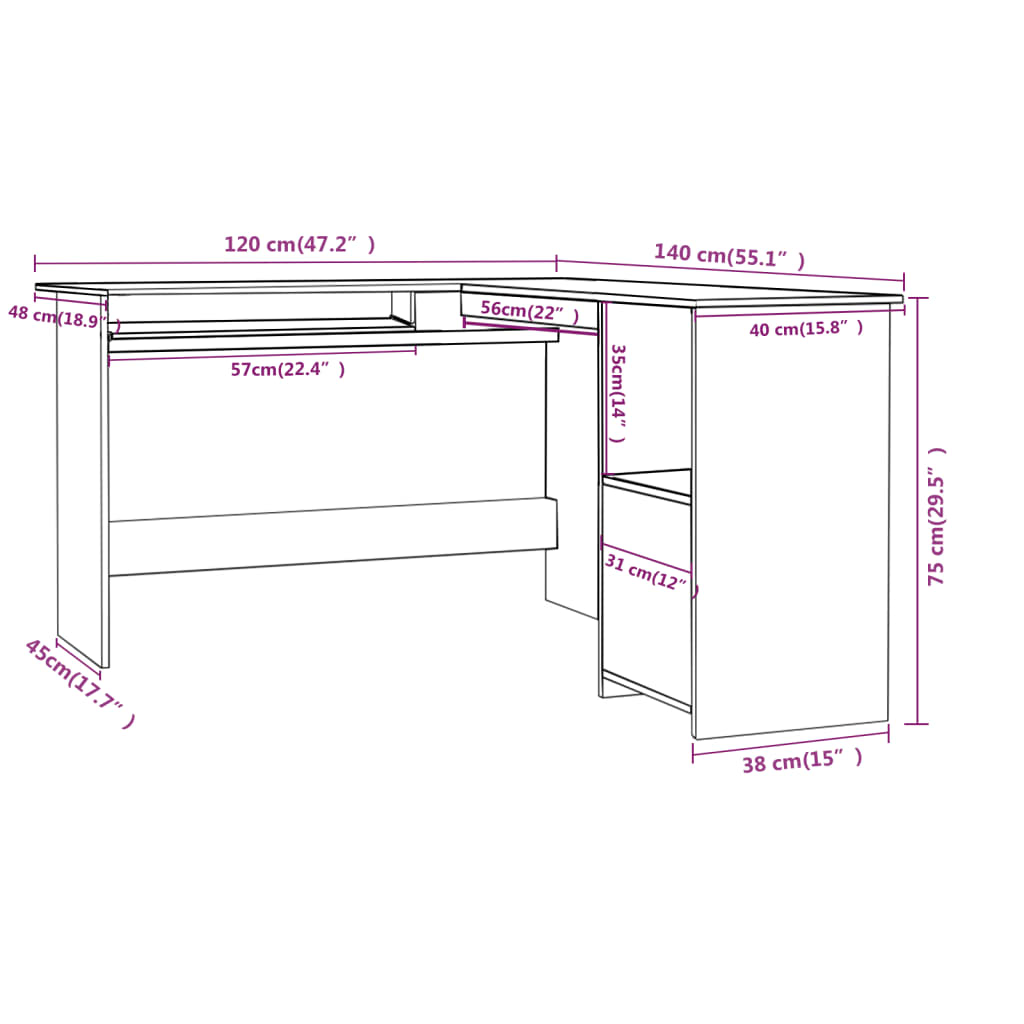 vidaXL Bureau d'angle en forme de L Blanc 120x140x75 cm
