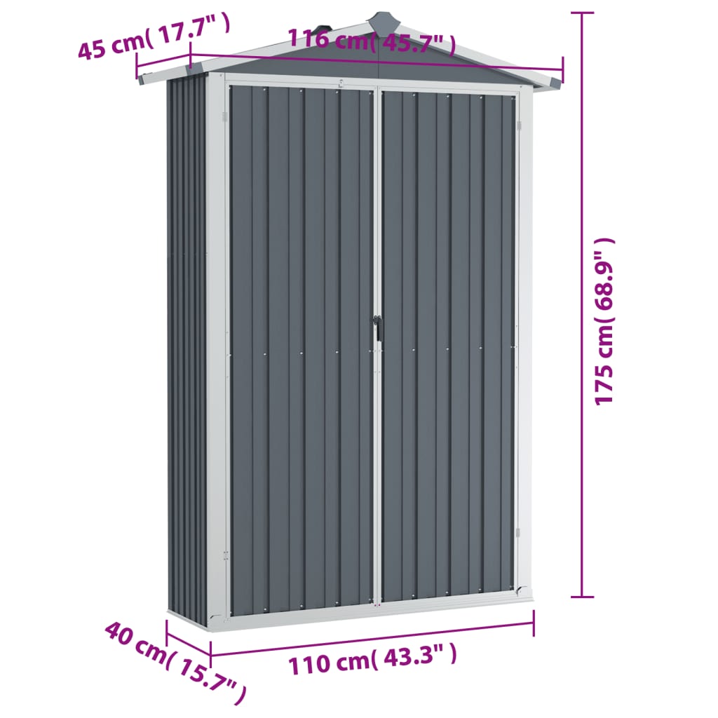 vidaXL Abri de jardin Gris 116x45x175 cm Acier galvanisé