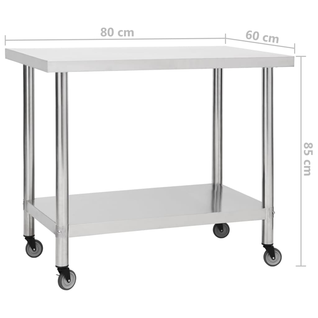 vidaXL Table de travail de cuisine avec roues 80x60x85 cm Inox