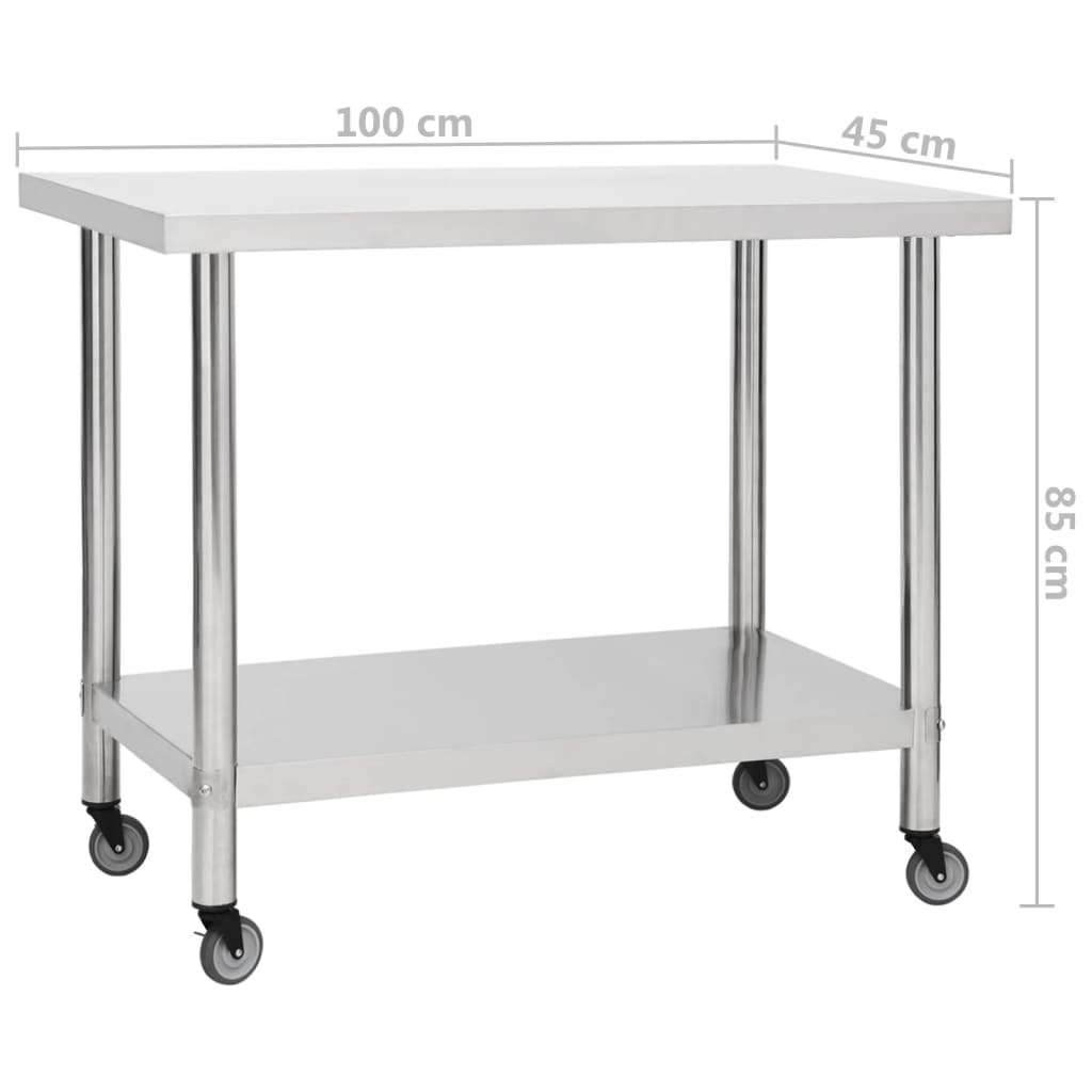 vidaXL Table de travail de cuisine avec roues 100x45x85 cm Inox