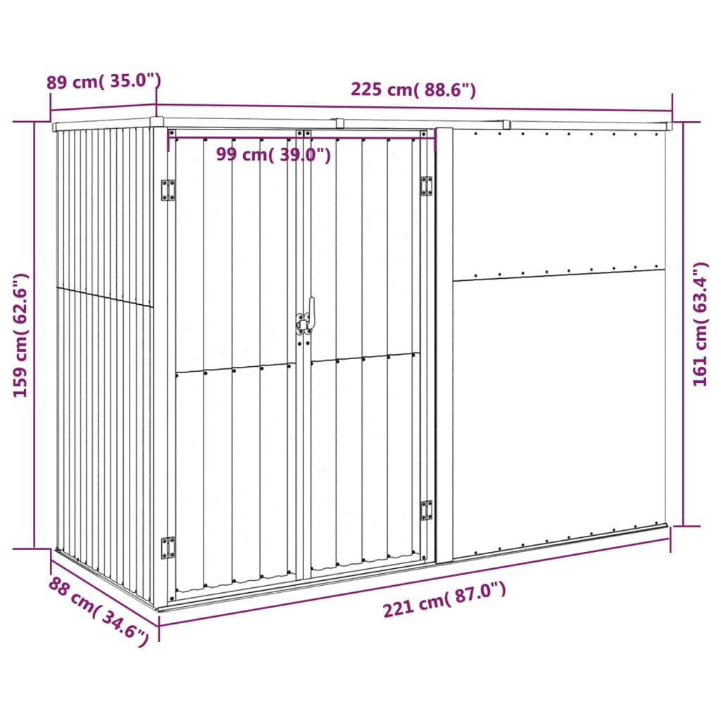 vidaXL Abri à outils de jardin Gris 225x89x161 cm Acier galvanisé