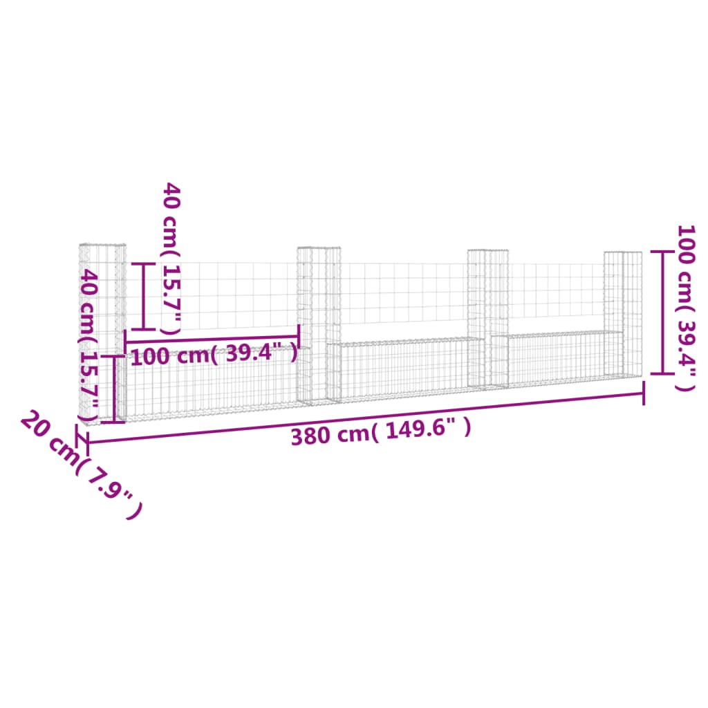 vidaXL Panier de gabion en forme de U avec 4 poteaux Fer 380x20x100 cm