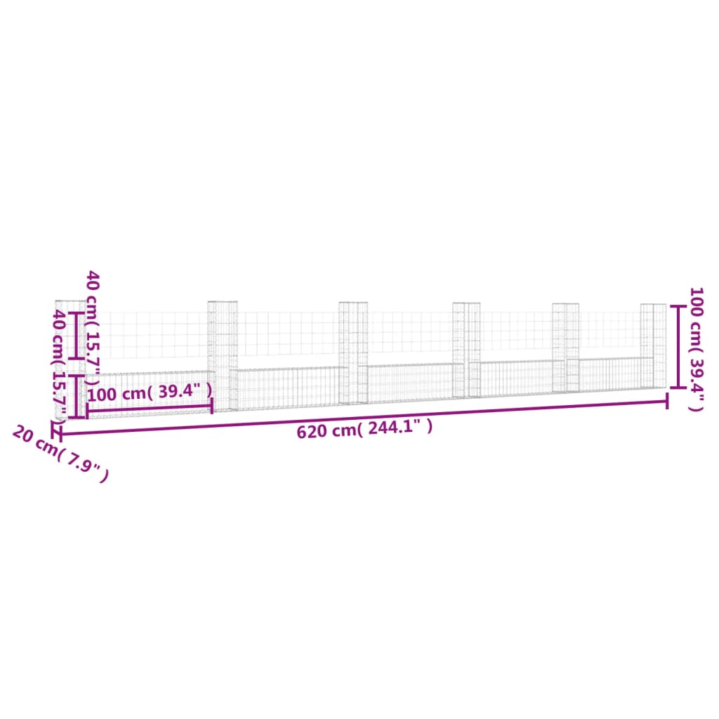 vidaXL Panier de gabion en forme de U avec 6 poteaux Fer 620x20x100 cm