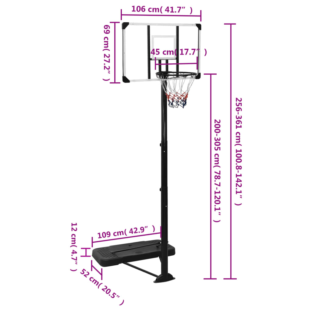 vidaXL Support de basket-ball Transparent 256-361 cm Polycarbonate