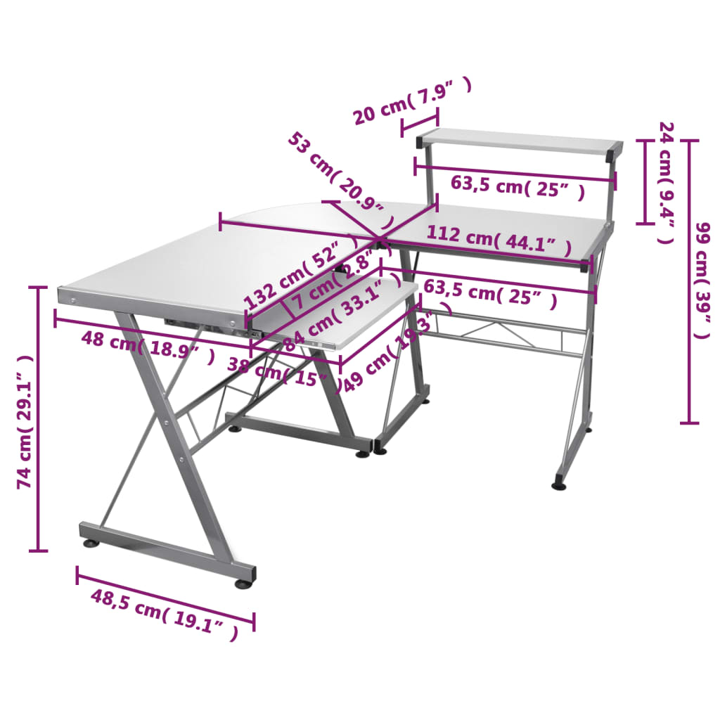 vidaXL Bureau d'ordinateur d'angle Blanc 132x112x99 cm Bois ingénierie