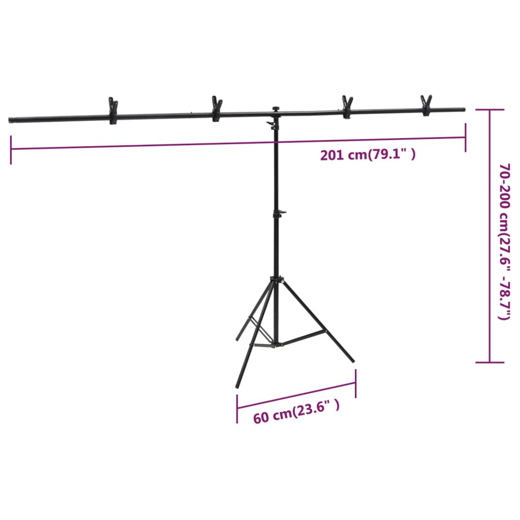 vidaXL Support de fond en forme de T Noir 201x60x(70-200) cm