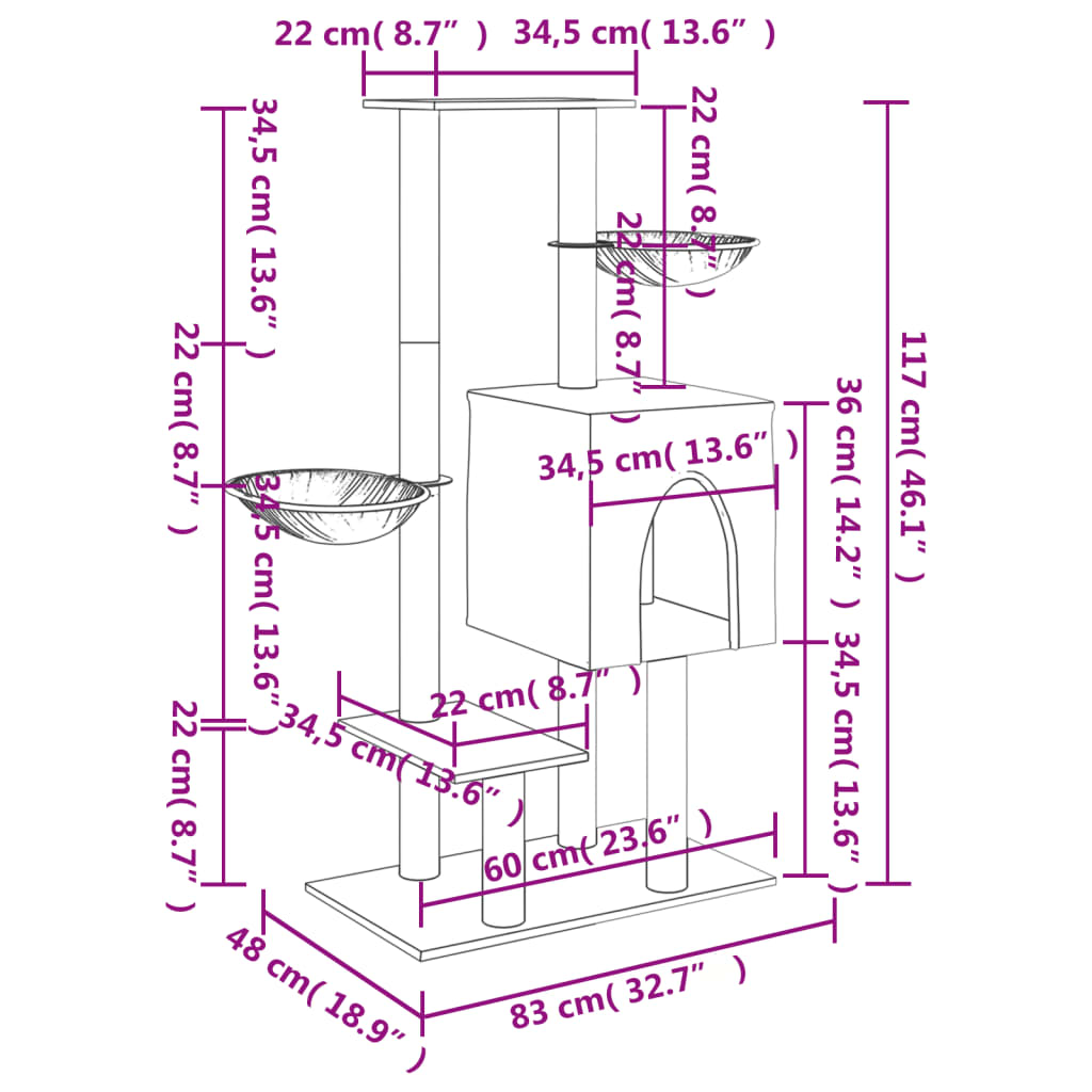 vidaXL Arbre à chat avec griffoirs en sisal gris foncé 117 cm
