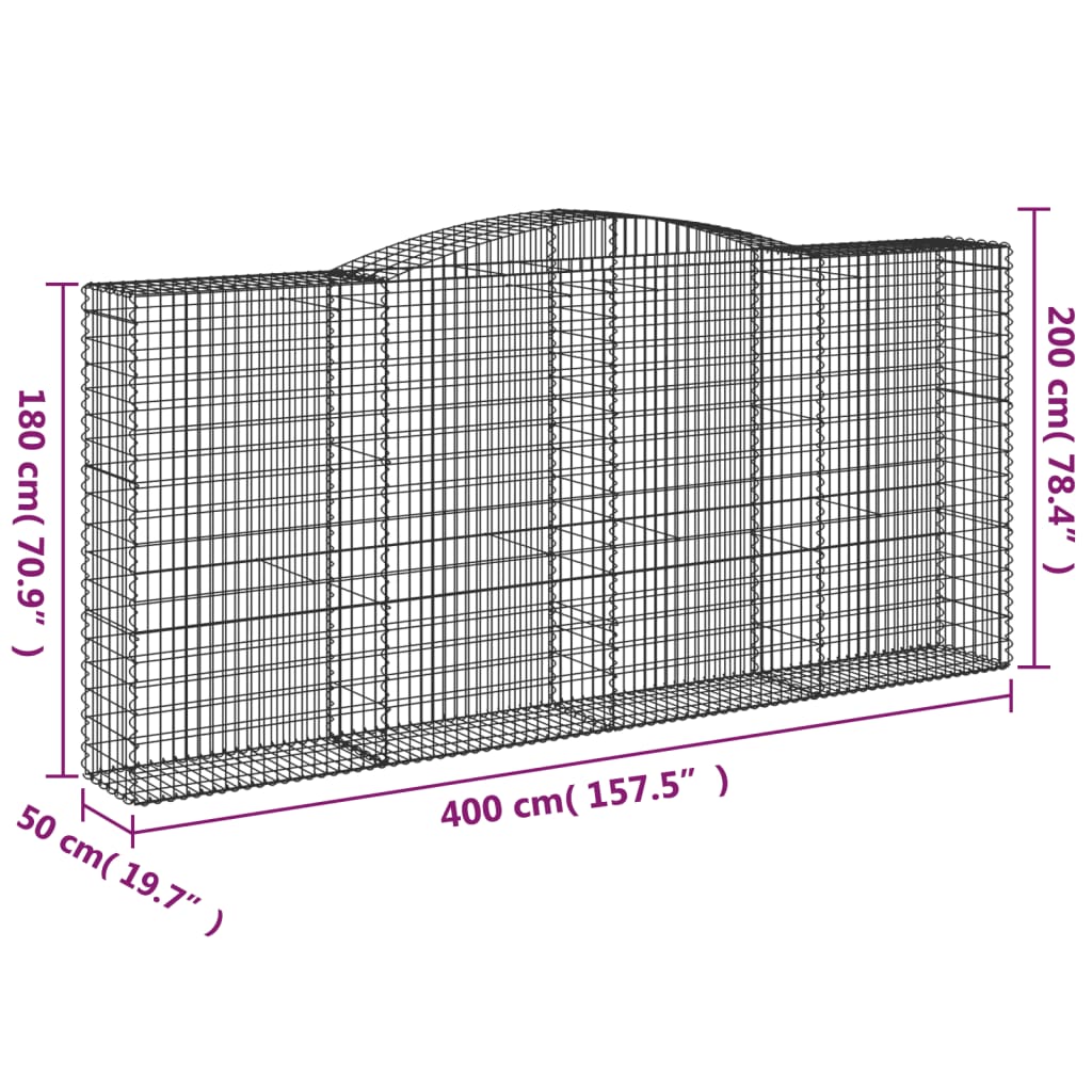 vidaXL Paniers à gabions arqués 4 pcs 400x50x180/200 cm Fer galvanisé