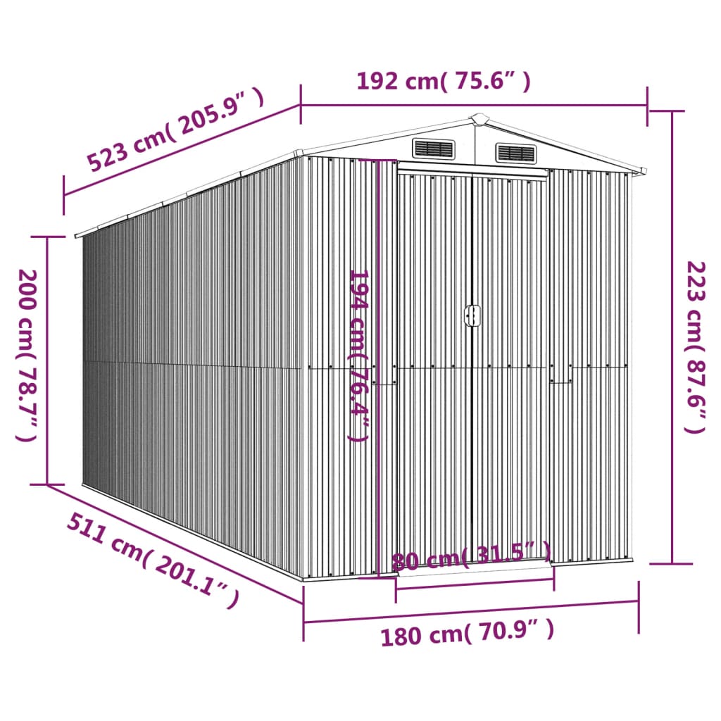 vidaXL Abri de jardin Vert 192x523x223 cm Acier galvanisé