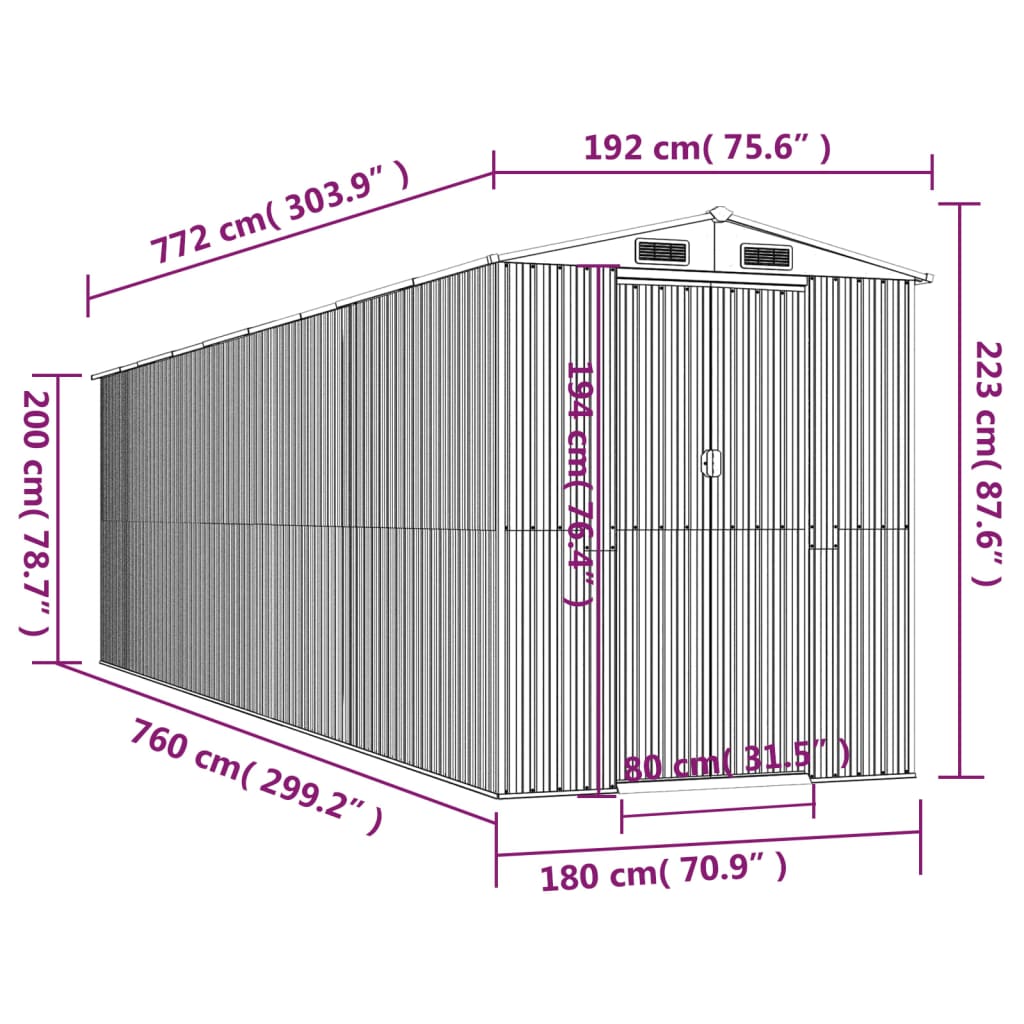 vidaXL Abri de jardin Vert 192x772x223 cm Acier galvanisé