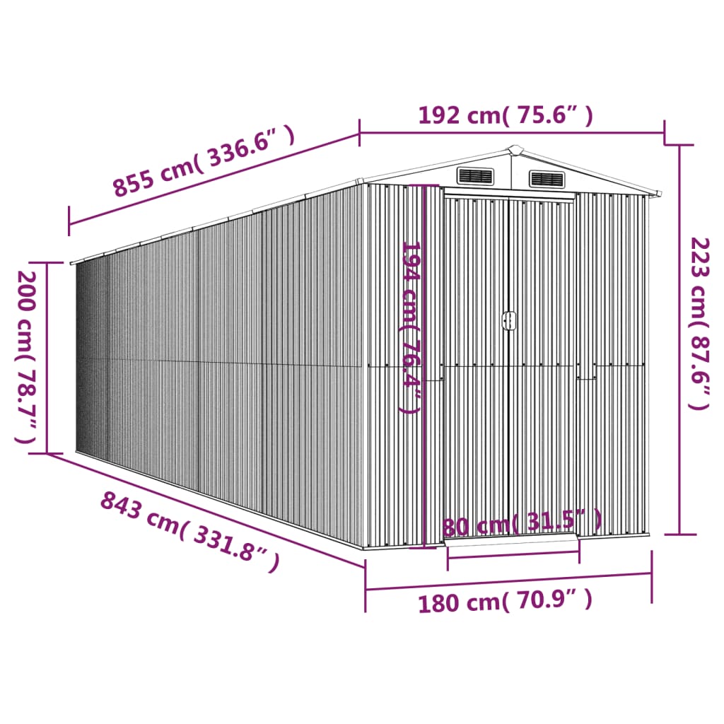 vidaXL Abri de jardin Vert 192x855x223 cm Acier galvanisé