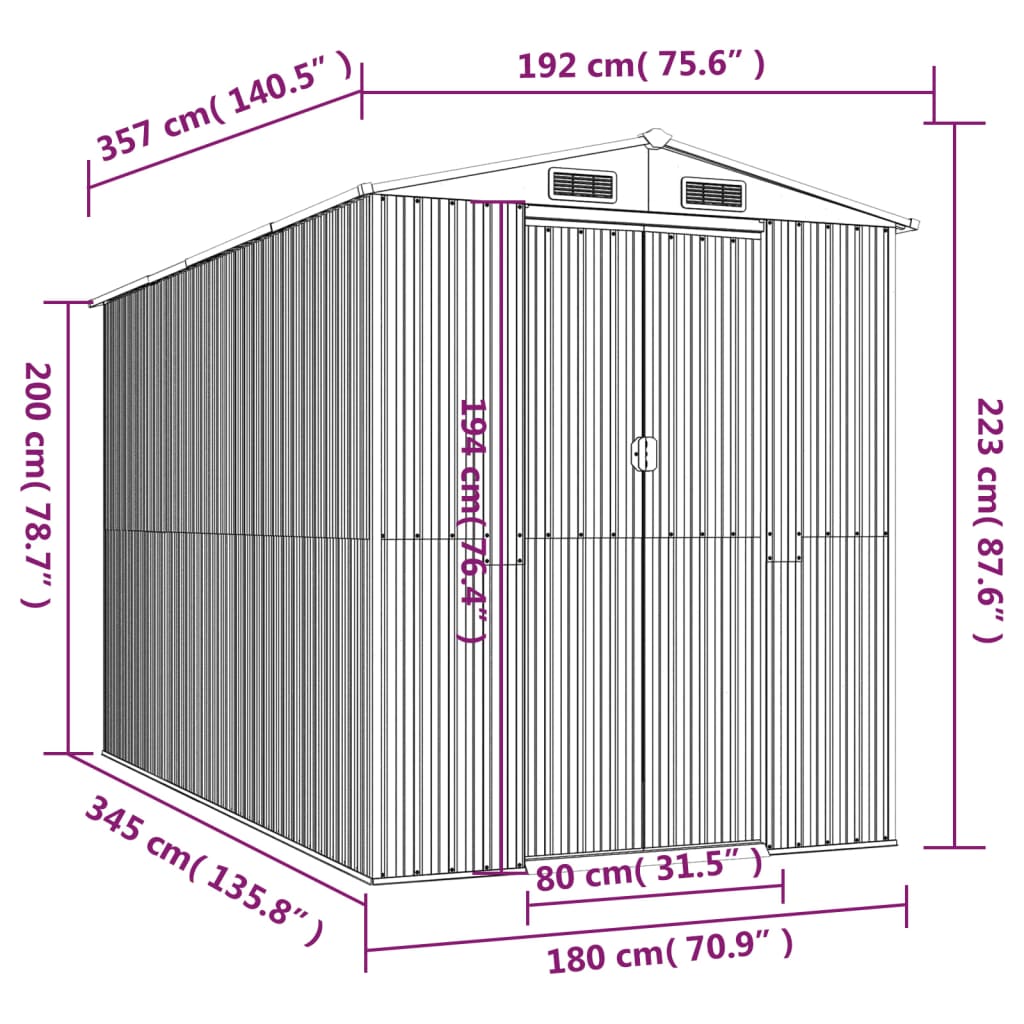 vidaXL Abri de jardin Gris clair 192x357x223 cm Acier galvanisé