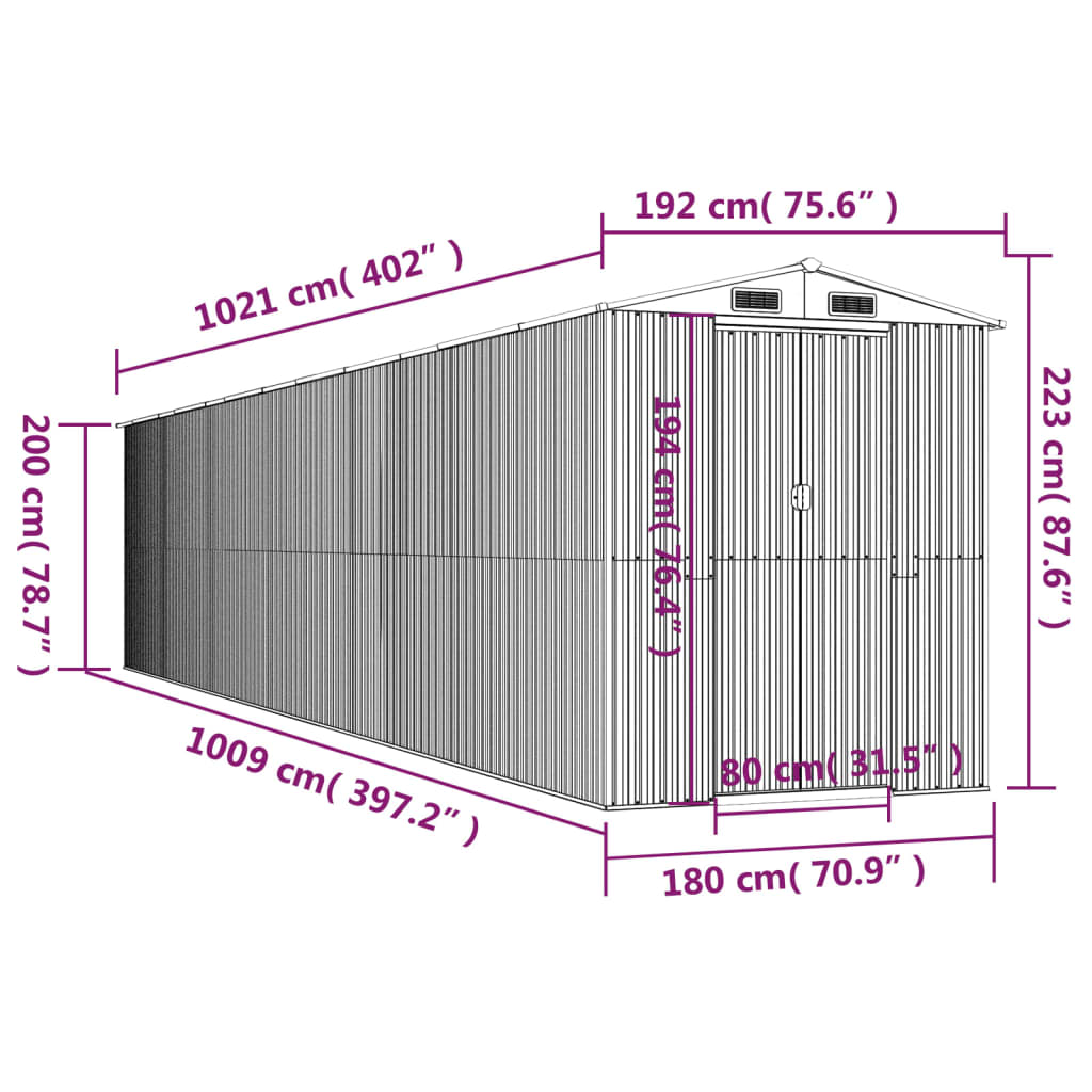 vidaXL Abri de jardin Gris clair 192x1021x223 cm Acier galvanisé