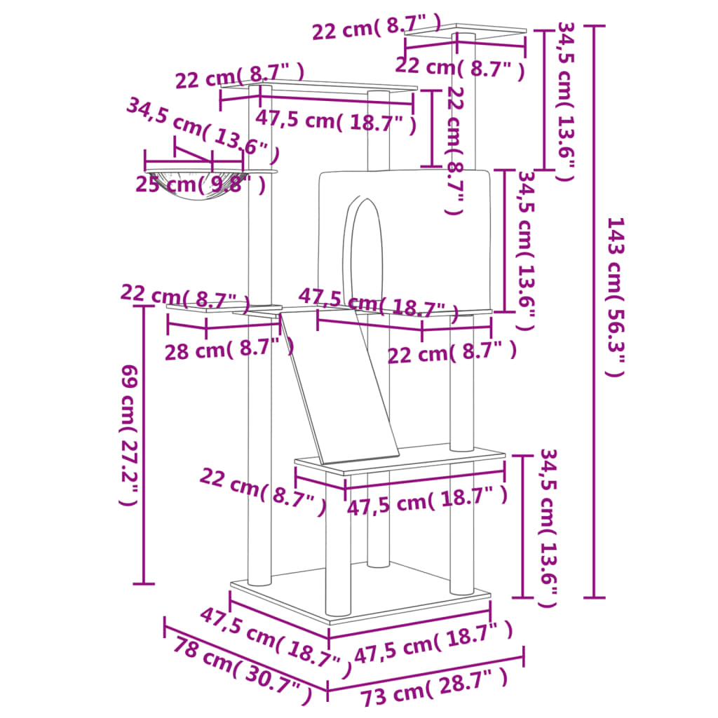 vidaXL Arbre à chat avec griffoirs en sisal gris foncé 143 cm