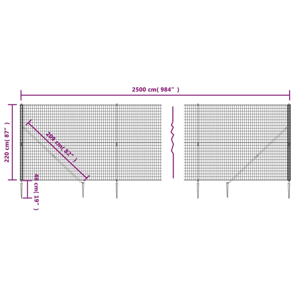 vidaXL Clôture en treillis métallique et ancrage anthracite 2,2x25 m