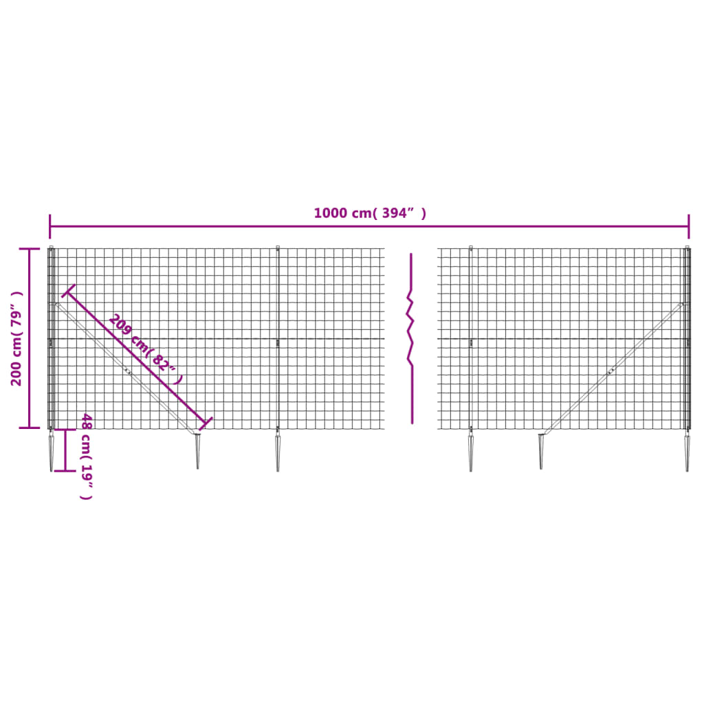 vidaXL Clôture en treillis métallique et ancrage anthracite 2x10 m