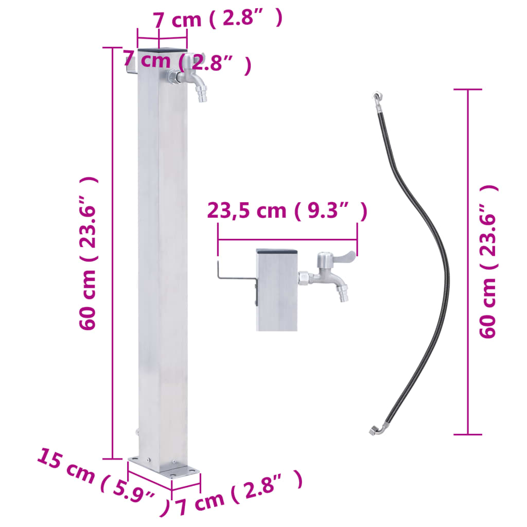 vidaXL Colonne à eau de jardin 60 cm acier inoxydable carré