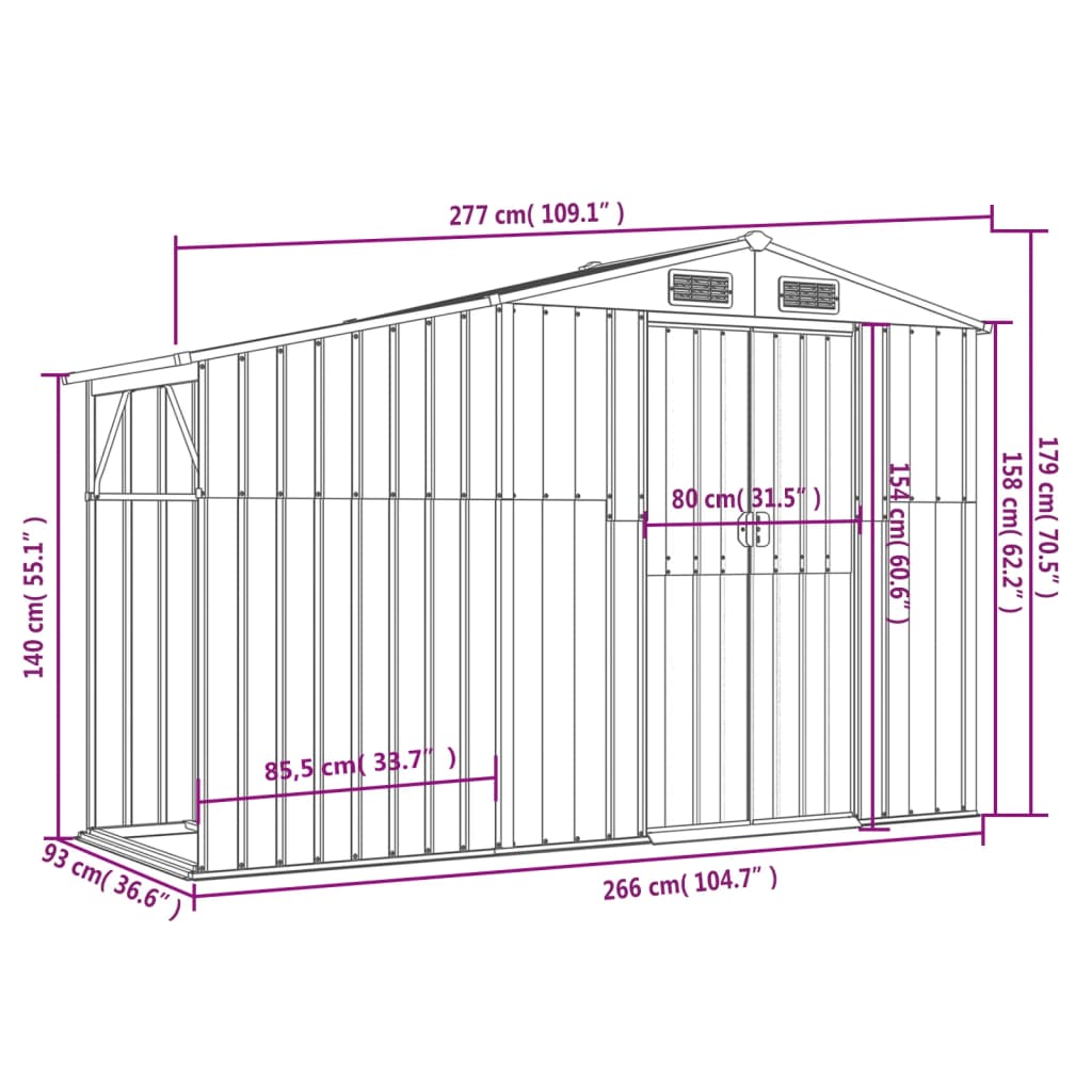 vidaXL Abri de jardin anthracite 277x93x179 cm acier galvanisé