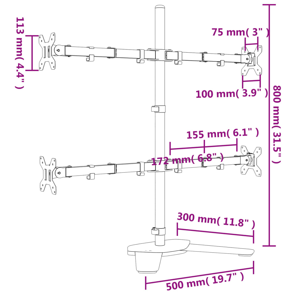 vidaXL Support de moniteur noir acier VESA 75/100 mm