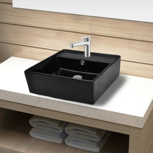 Robinet de lavabo salle de bain céramique/trou trop-plein carré noir