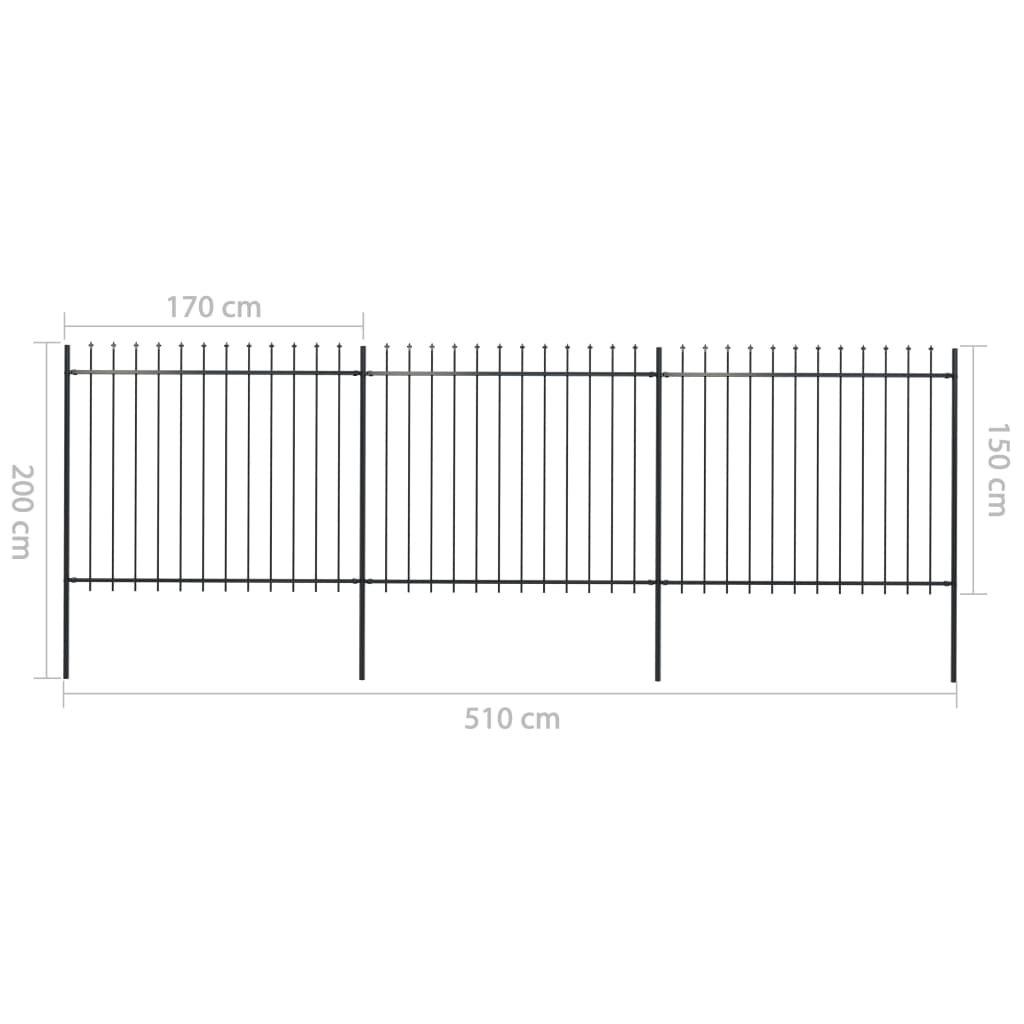 vidaXL Clôture de jardin avec dessus en lance Acier 5,1 x 1,5 m Noir