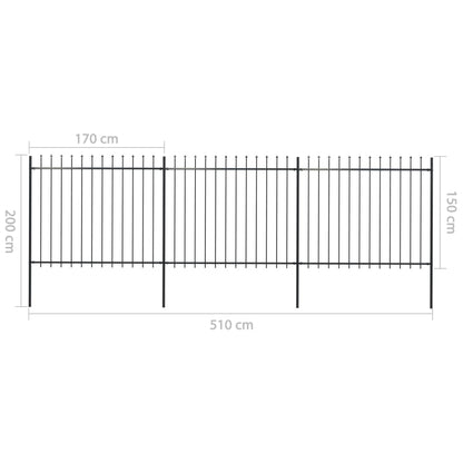 vidaXL Clôture de jardin avec dessus en lance Acier 5,1 x 1,5 m Noir