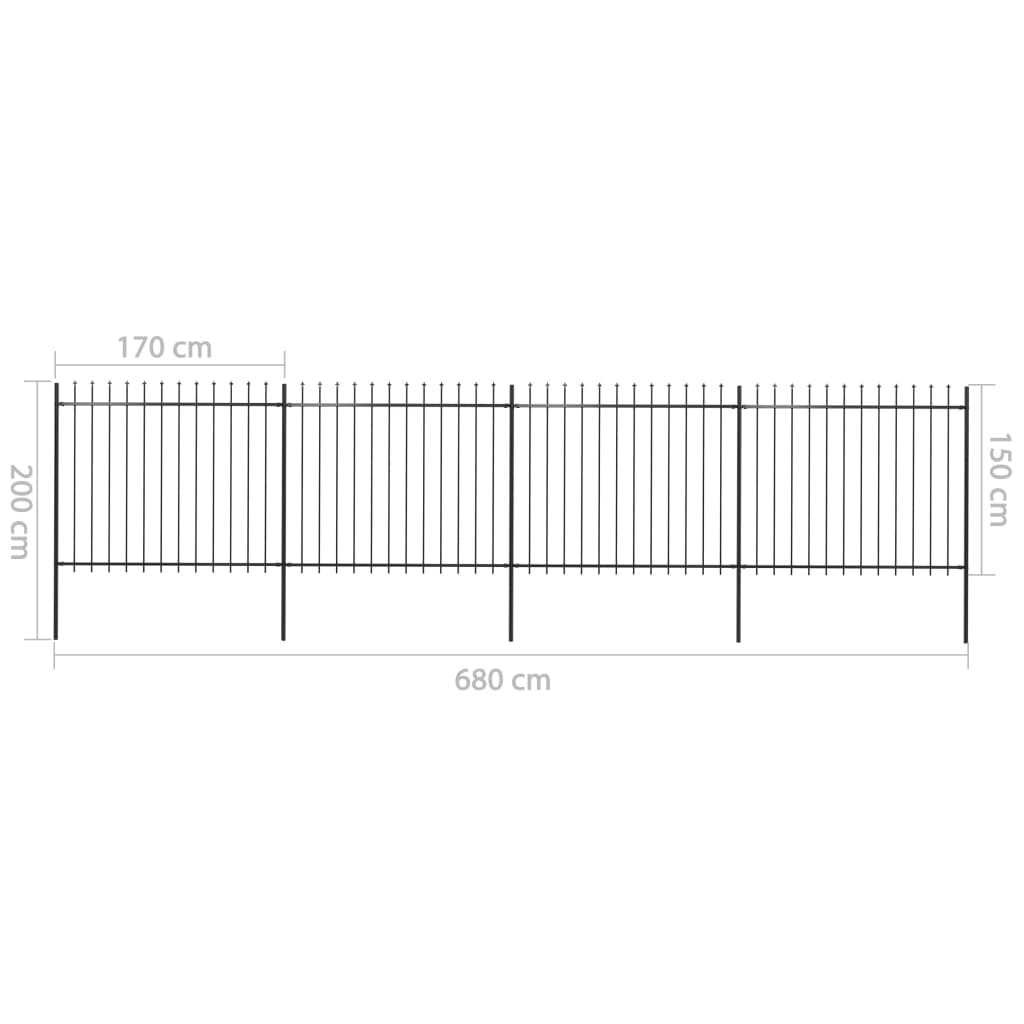 vidaXL Clôture de jardin avec dessus en lance Acier 6,8 x 1,5 m Noir