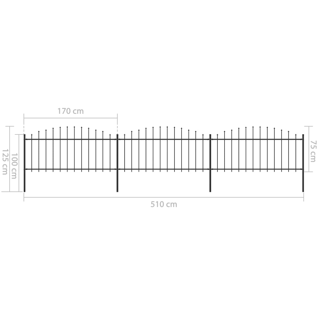 vidaXL Clôture de jardin à dessus en lance Acier (0,5-0,75)x5,1 m Noir