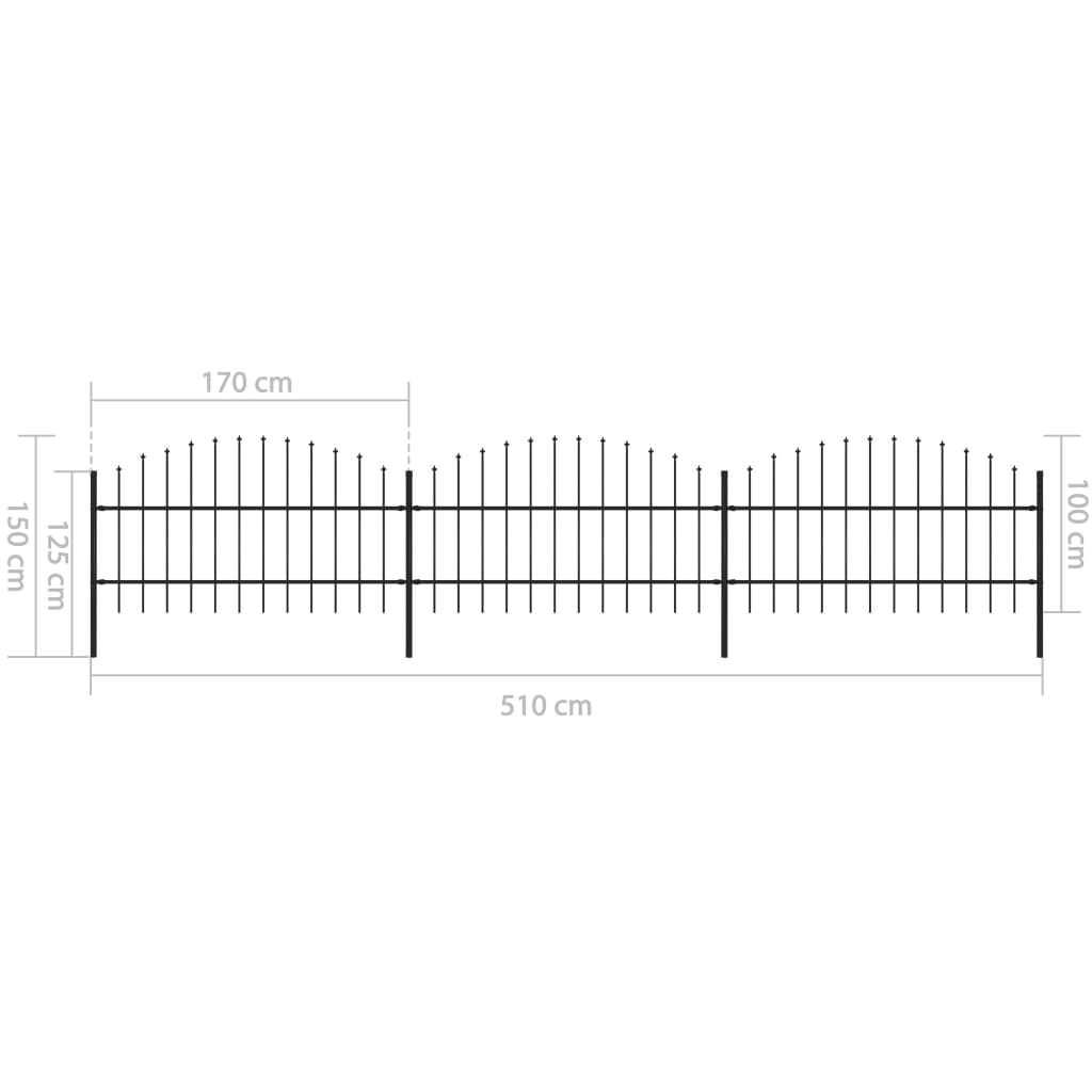 vidaXL Clôture de jardin à dessus en lance Acier (0,75-1)x5,1 m Noir