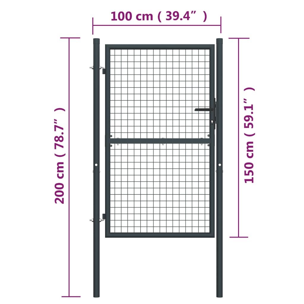 vidaXL Portail en maille de jardin Acier galvanisé 100 x 200 cm Gris