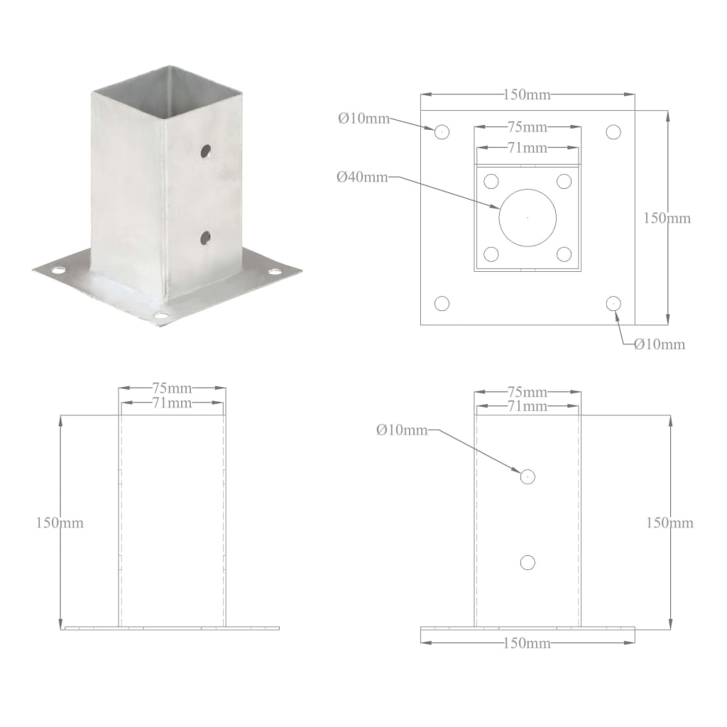 vidaXL Ancres de poteau 4 pcs Métal galvanisé 71 mm