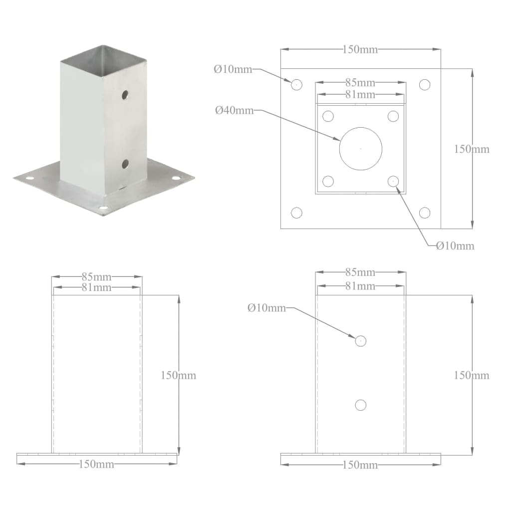 vidaXL Ancres de poteau 4 pcs Métal galvanisé 81 mm