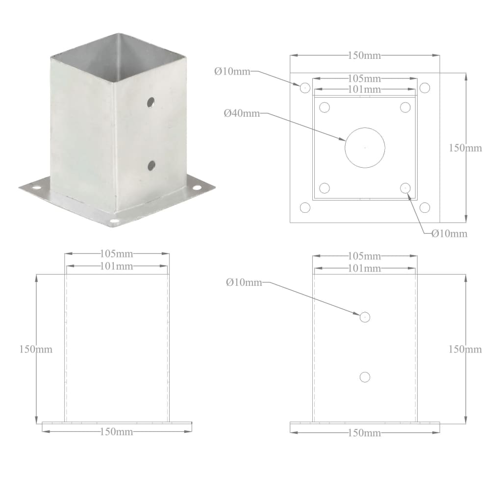 vidaXL Ancres de poteau 4 pcs Métal galvanisé 101 mm