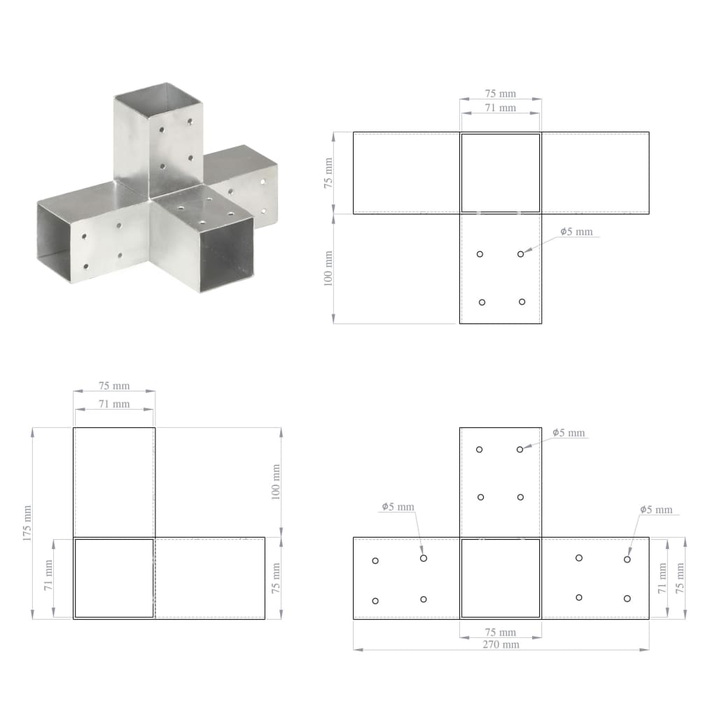 vidaXL Connecteur de poteau Forme en X Métal galvanisé 71x71 mm