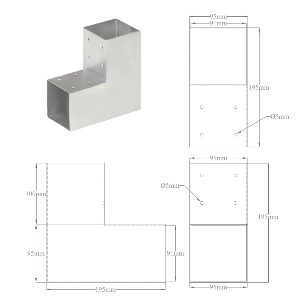 vidaXL Connecteurs de poteau 4 pcs Forme en L Métal galvanisé 91x91 mm