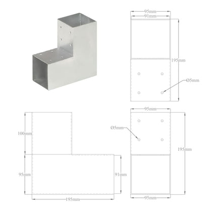 vidaXL Connecteurs de poteau 4 pcs Forme en L Métal galvanisé 91x91 mm