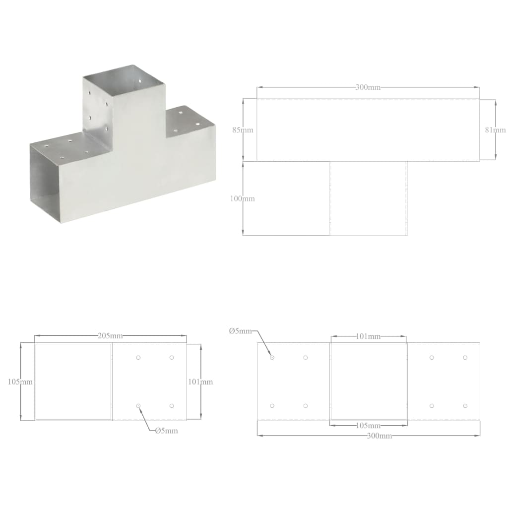 vidaXL Connecteurs de poteau 4pcs Forme en T Métal galvanisé 101x101mm