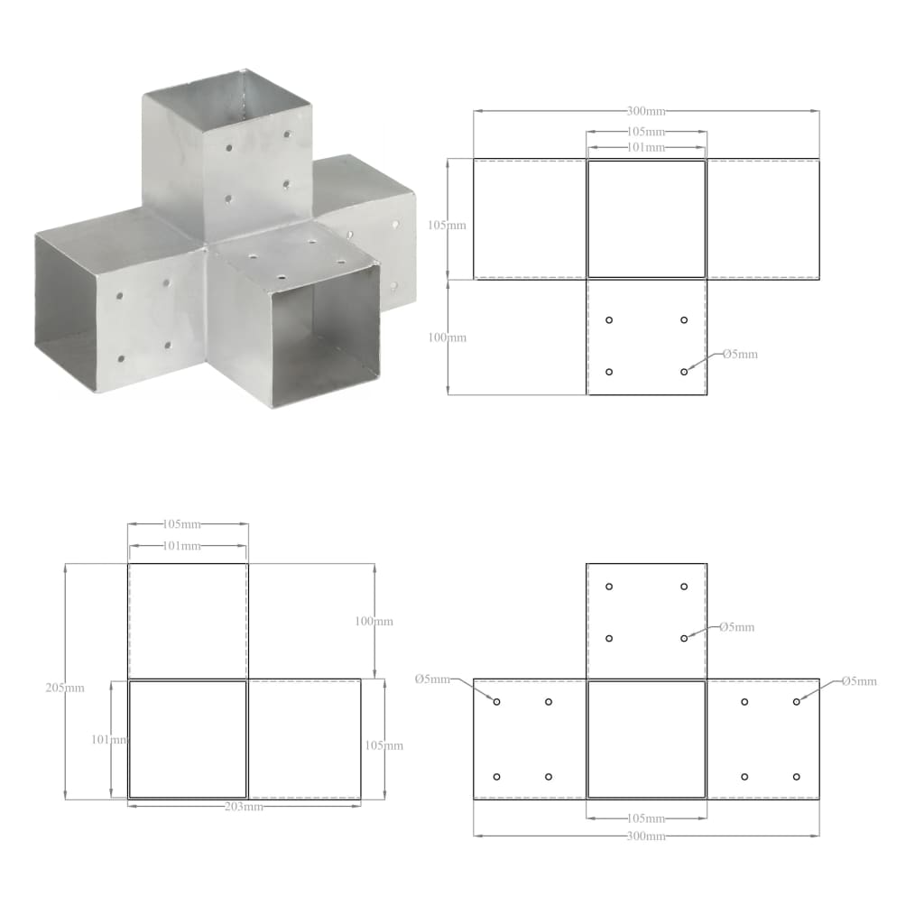 vidaXL Connecteurs de poteau 4pcs Forme en X Métal galvanisé 101x101mm