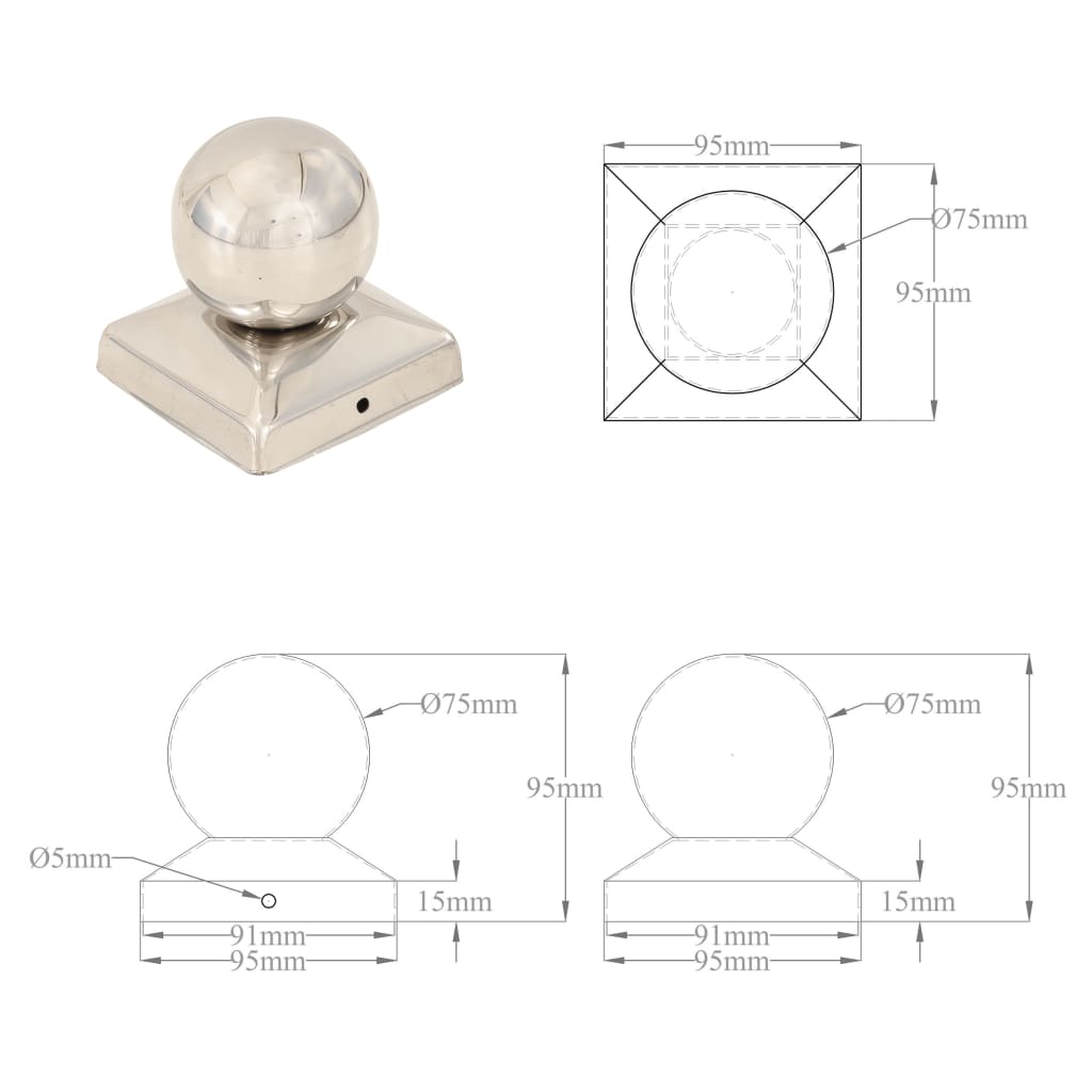 vidaXL Bouchons de poteau 6 pcs Globe final Acier inoxydable 91x91 mm