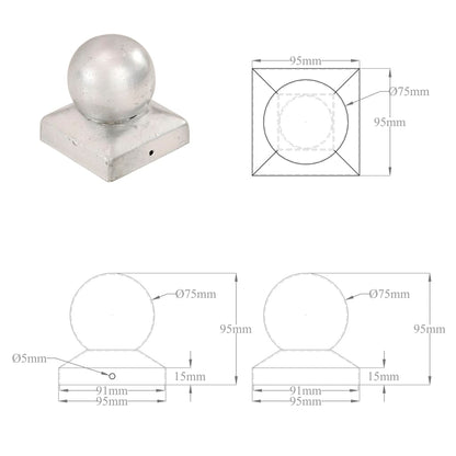 vidaXL Bouchons de poteau 6 pcs Globe final Métal galvanisé 91x91 mm