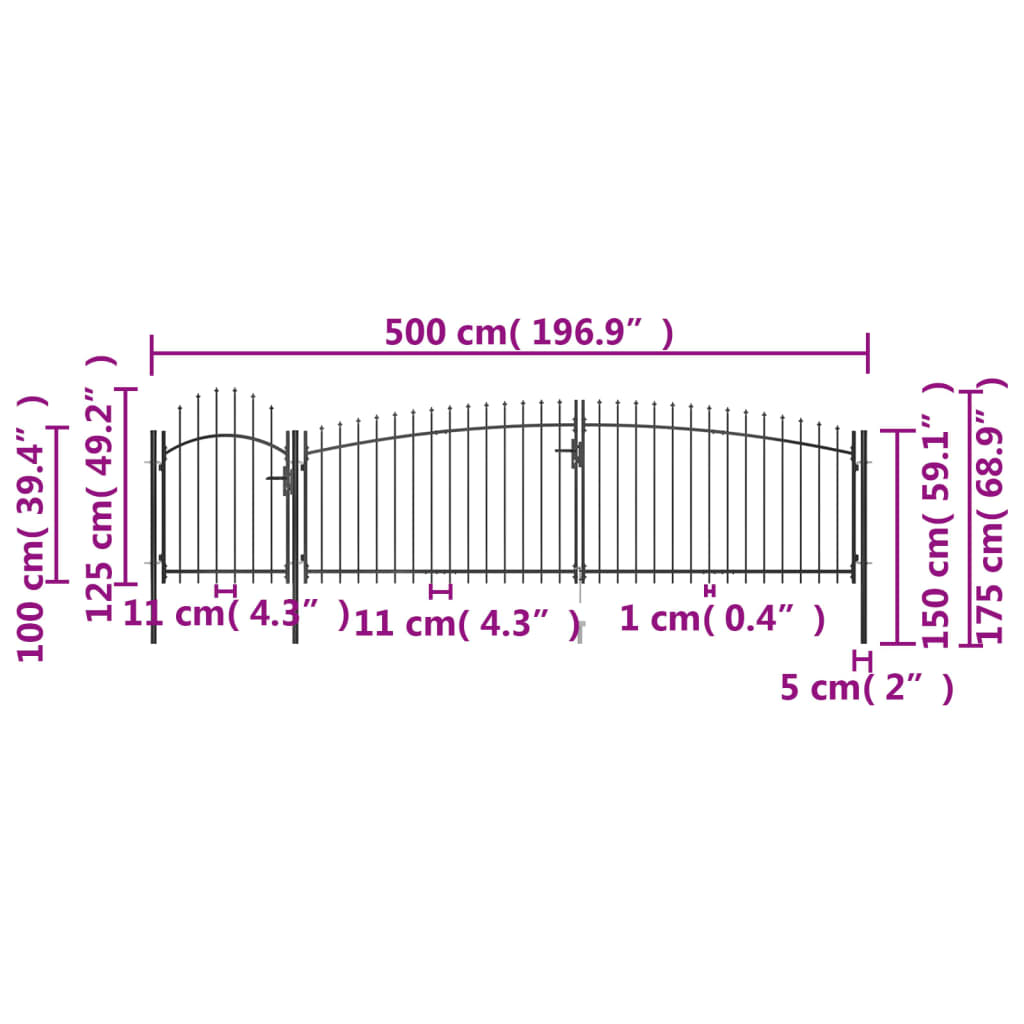 vidaXL Portail de clôture de jardin avec dessus en lance 5x1,75 m Noir