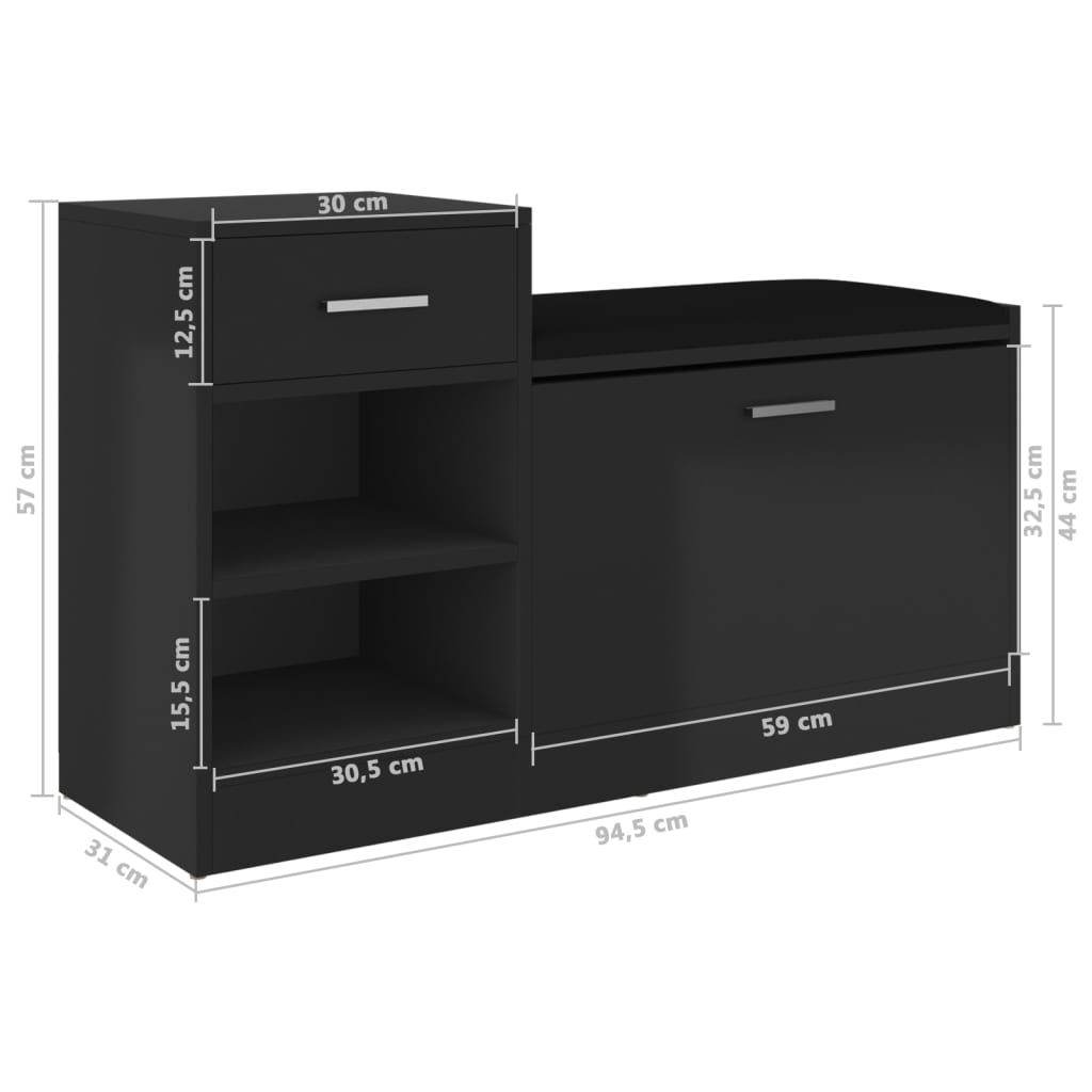 vidaXL Banc à chaussures Noir brillant 94,5x31x57 cm Aggloméré