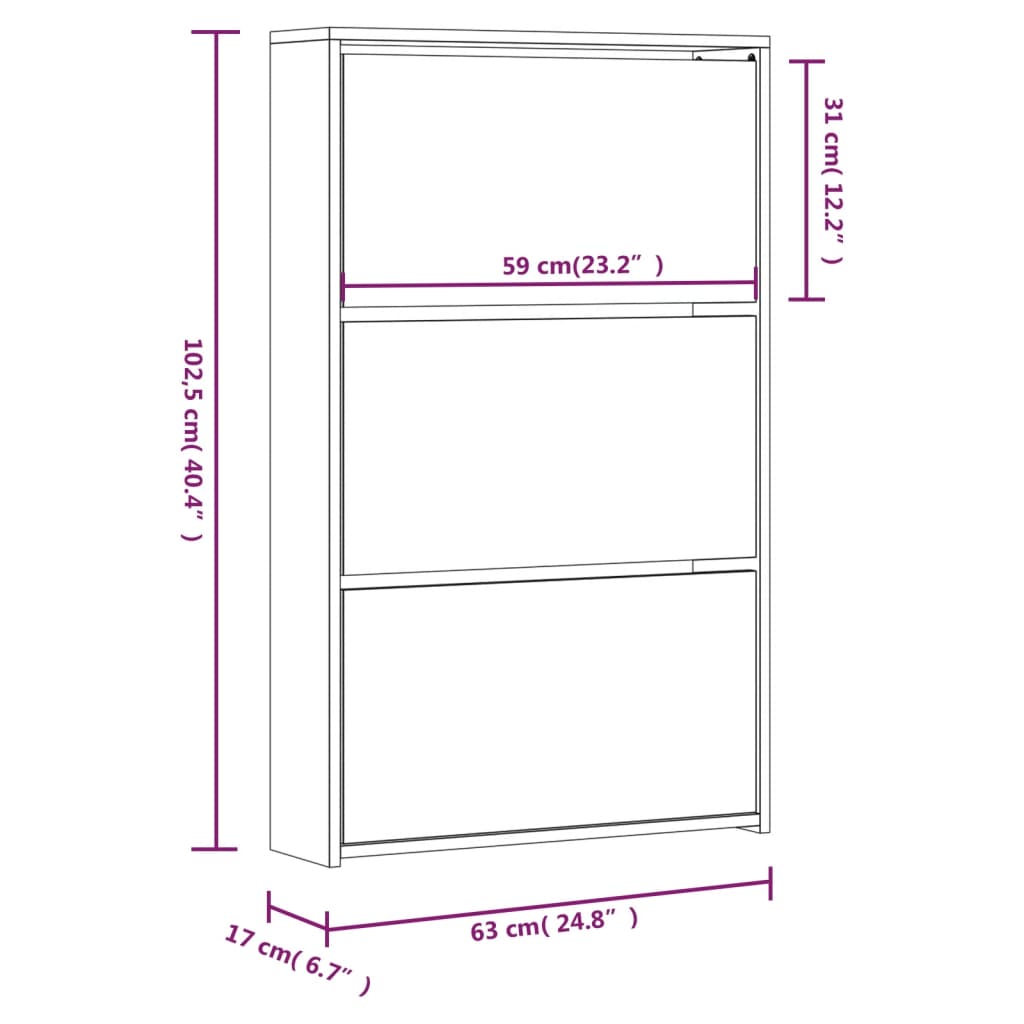 vidaXL Armoire à chaussures avec miroir 3 niveaux Noir 63x17x102,5 cm