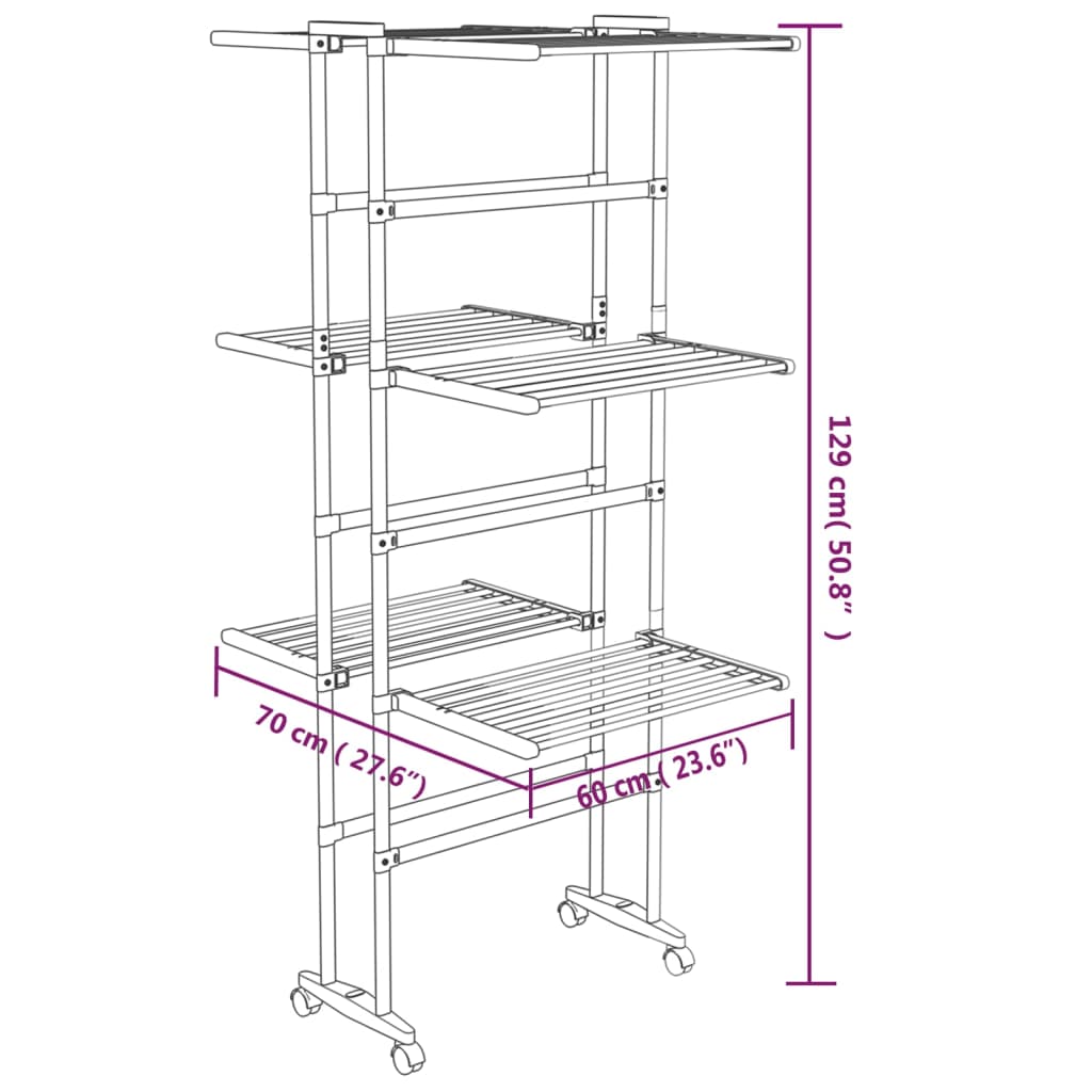vidaXL Étagère à linge à 3 niveaux avec roues Argenté 60x70x129 cm