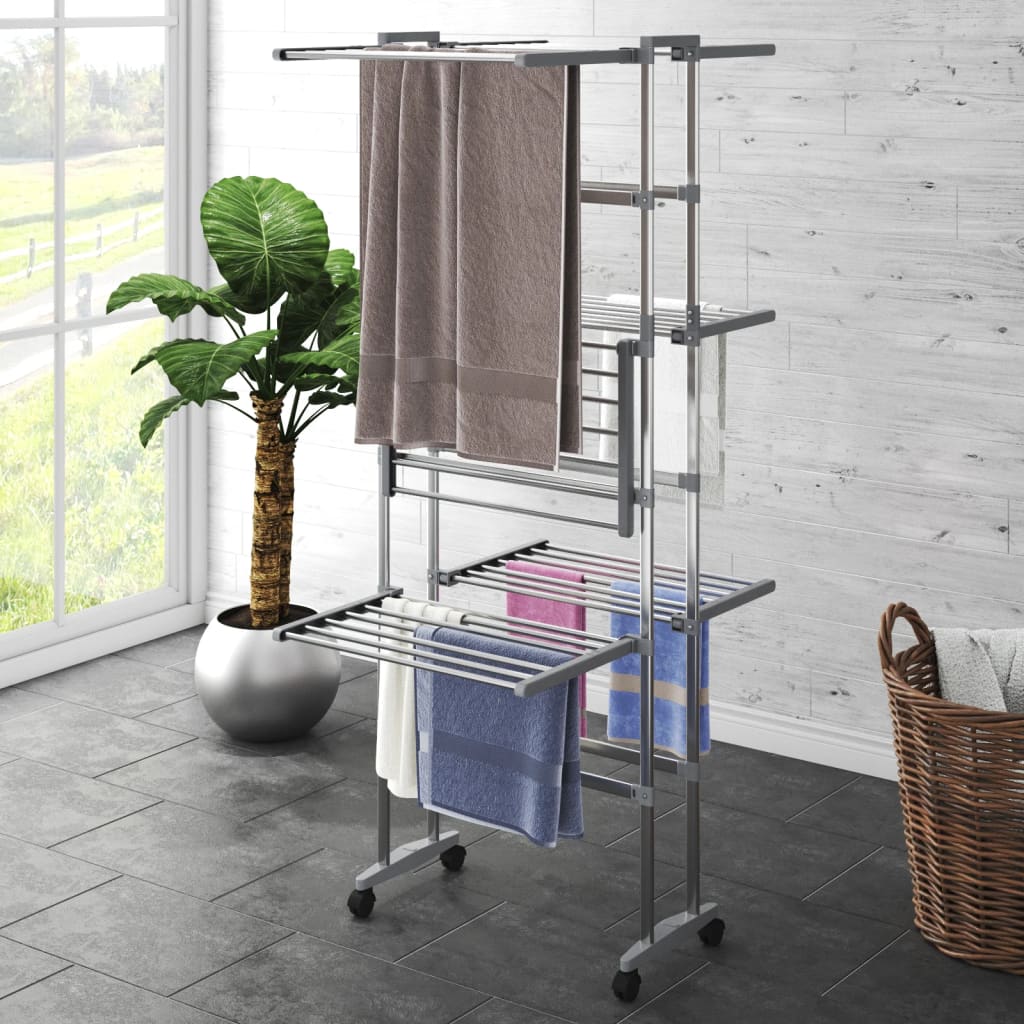 vidaXL Étagère à linge à 3 niveaux avec roues Argenté 60x70x129 cm