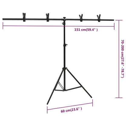 vidaXL Support de fond en forme de T Noir 151x60x(70-200) cm