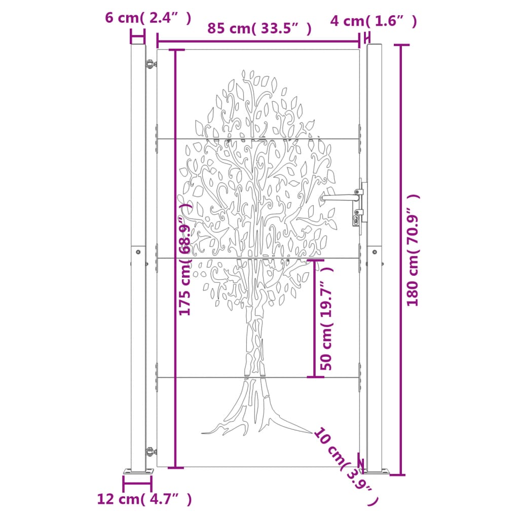 vidaXL Portail de jardin 105x180 cm acier corten conception de l'arbre