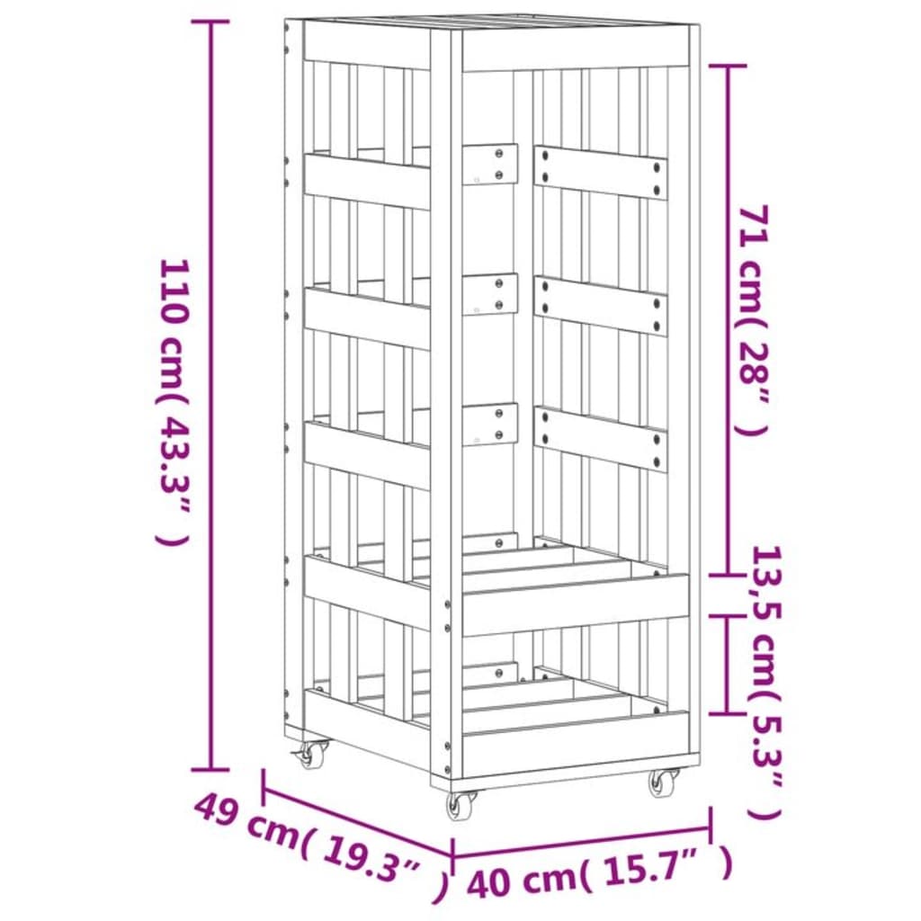 vidaXL Porte-bûches avec roulettes 40x49x110 cm bois massif de pin